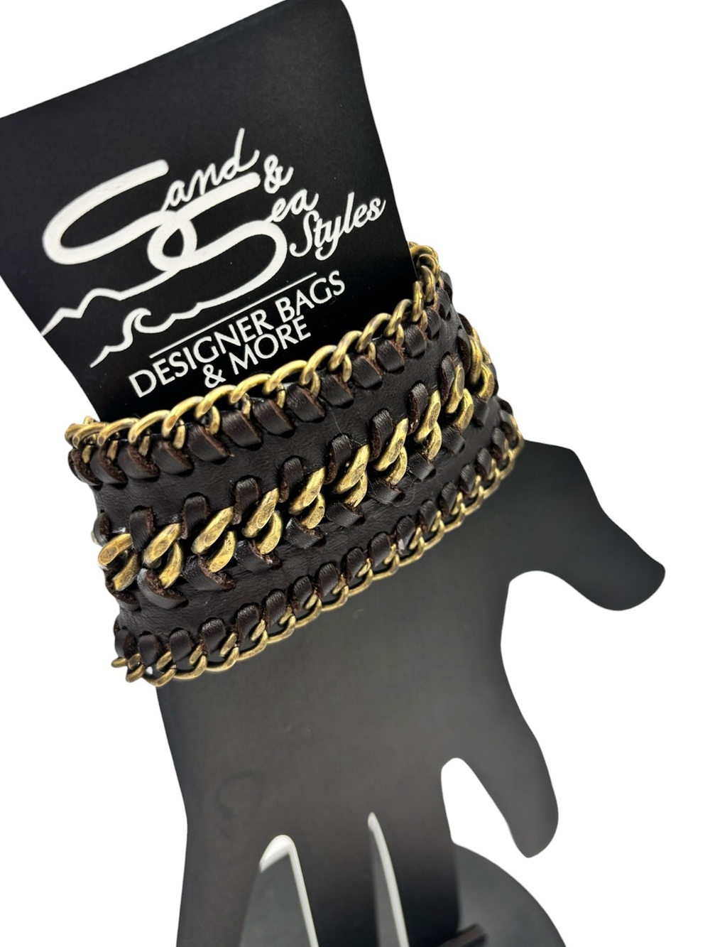 Leather & Antiqued Gold Chain Wide Cuff Bracelet